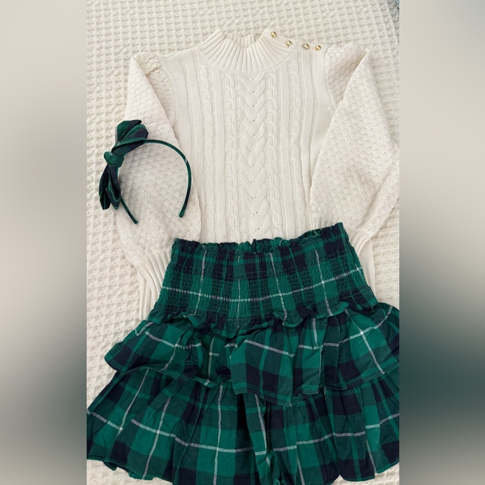 Janie and Jack Cream Sweater with Green Tartan Plaid Skirt and Headband - Size 8